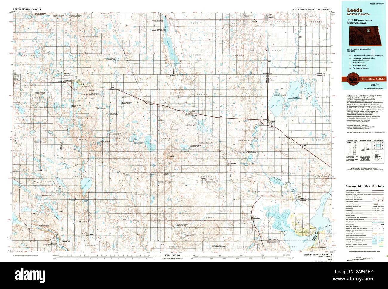 Carte TOPO USGS ND Dakota du Nord 285441 100000 Leeds 1985 Restauration Banque D'Images