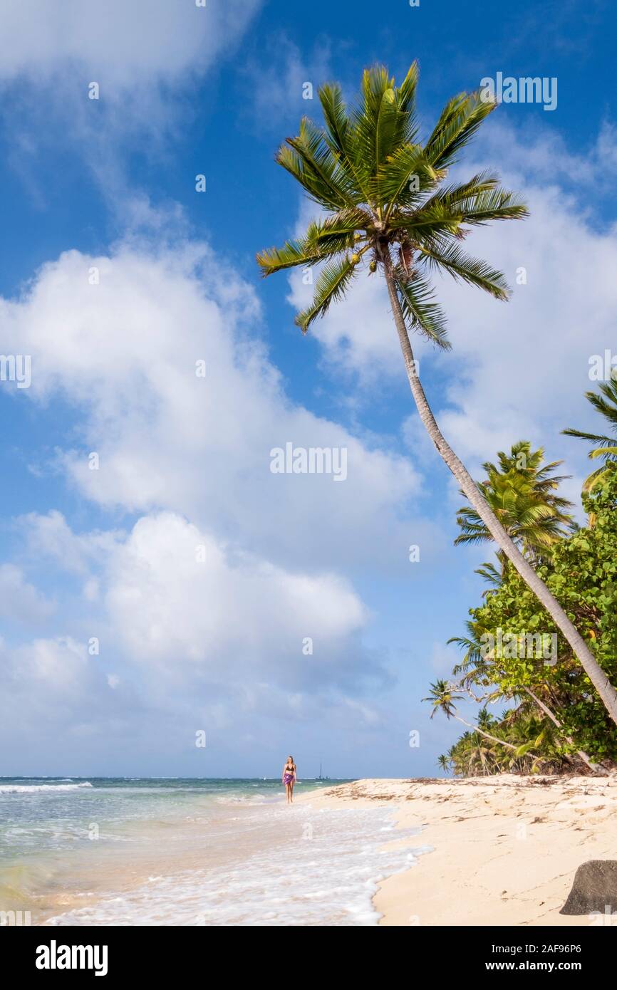 Une femme marche le long d'une plage tropicale idyllique Banque D'Images