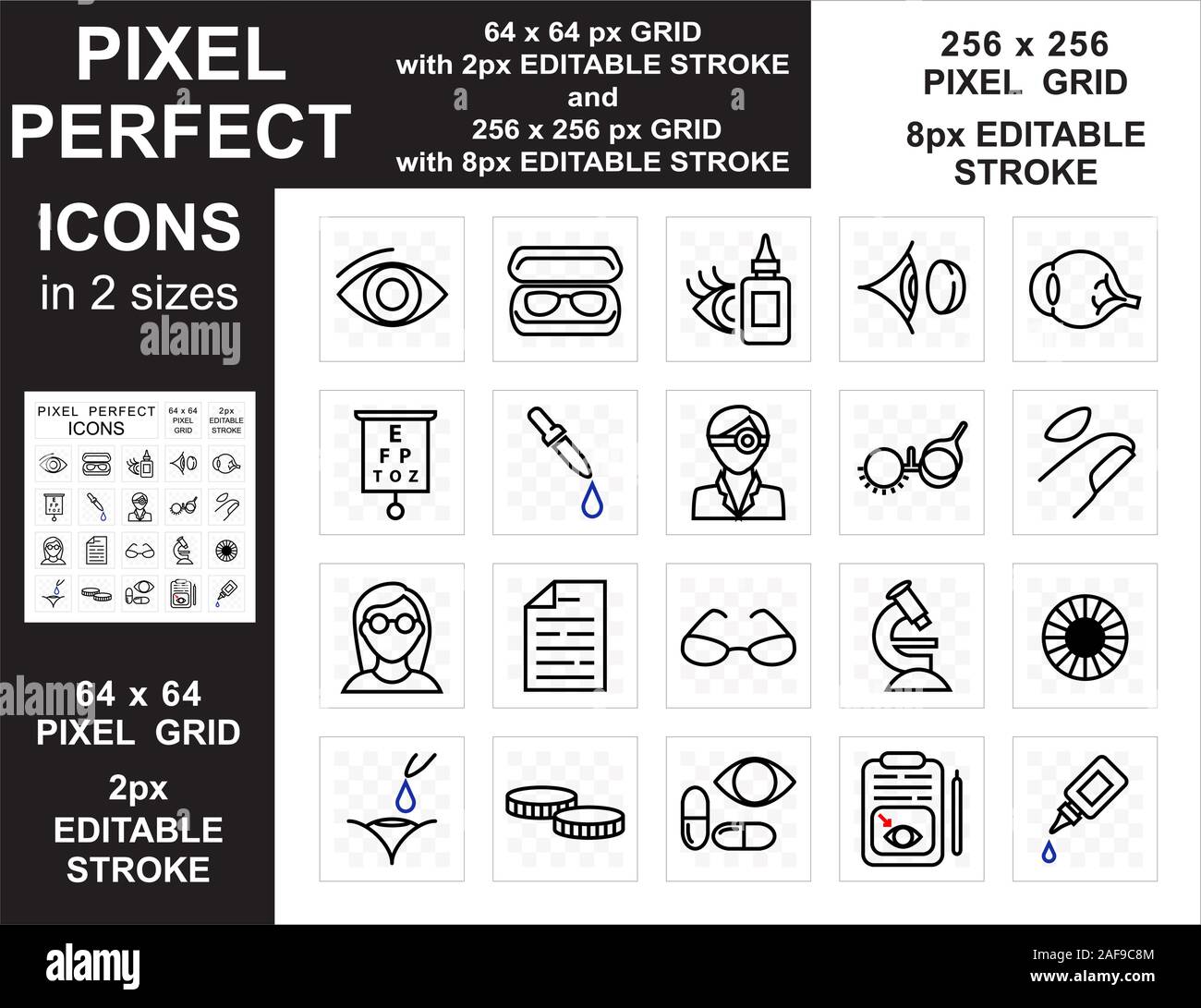 L'optométrie pixel perfect icon set avec l'essai d'oeil et spectacles concept concept en 2 tailles 64 x 64 x 256 px et 256 px vector Illustration de Vecteur