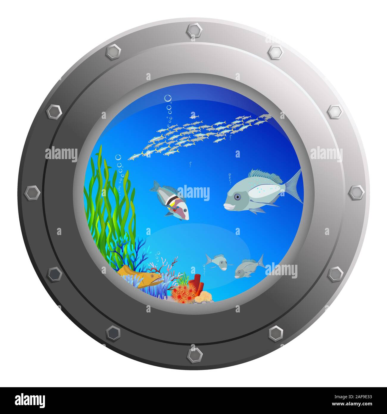 Vue sous-marine des poissons de mer à travers la fenêtre de verre de hublot de concept d'exploration sous-marine Illustration de Vecteur