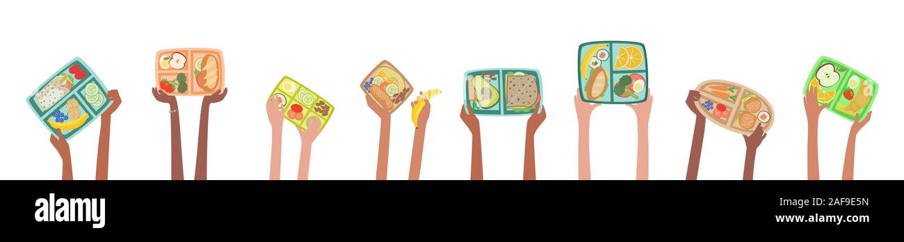 Enfants hands holding up boîtes à lunch avec des aliments sains repas à l'école nutrition concept avec bannière lunch Illustration de Vecteur