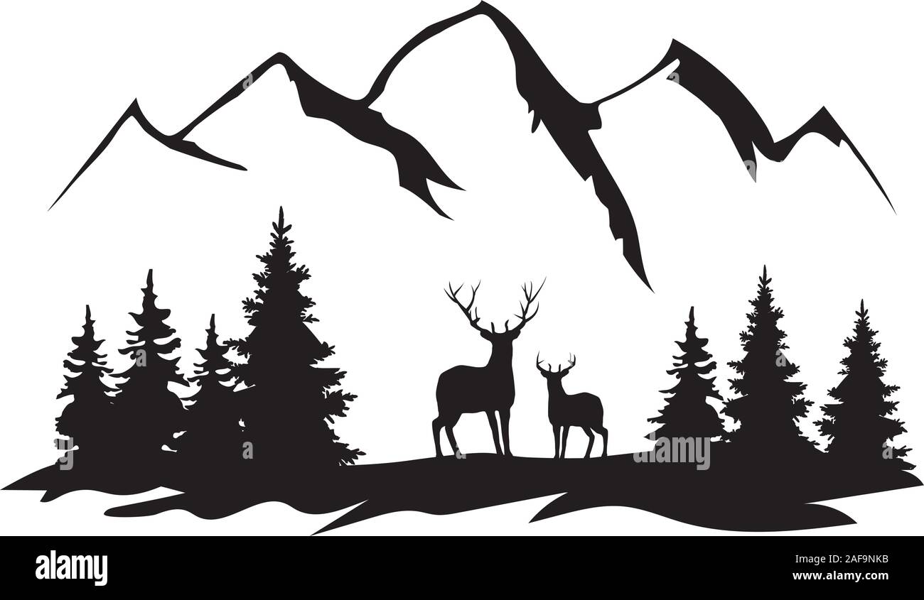 Vector illustration of deer silhouettes, des montagnes, des forêts. Illustration de Vecteur