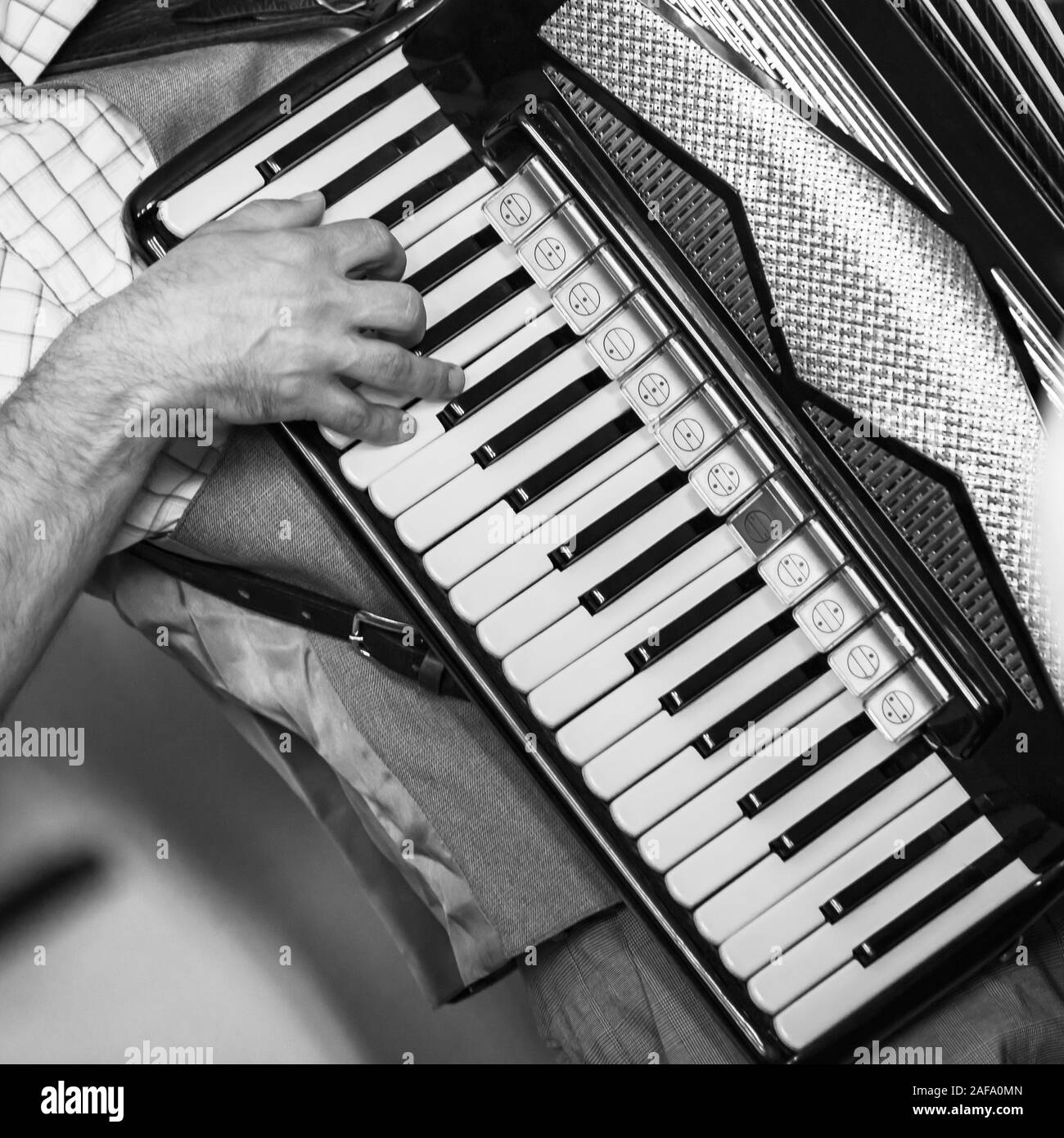 Accordéon, accordéoniste joue vintage carré stylisé noir et blanc Banque D'Images