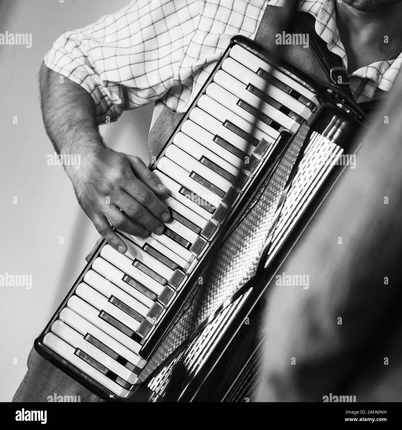 L'accordéoniste joue vintage accordéon. Carré stylisé rétro noir et blanc Banque D'Images