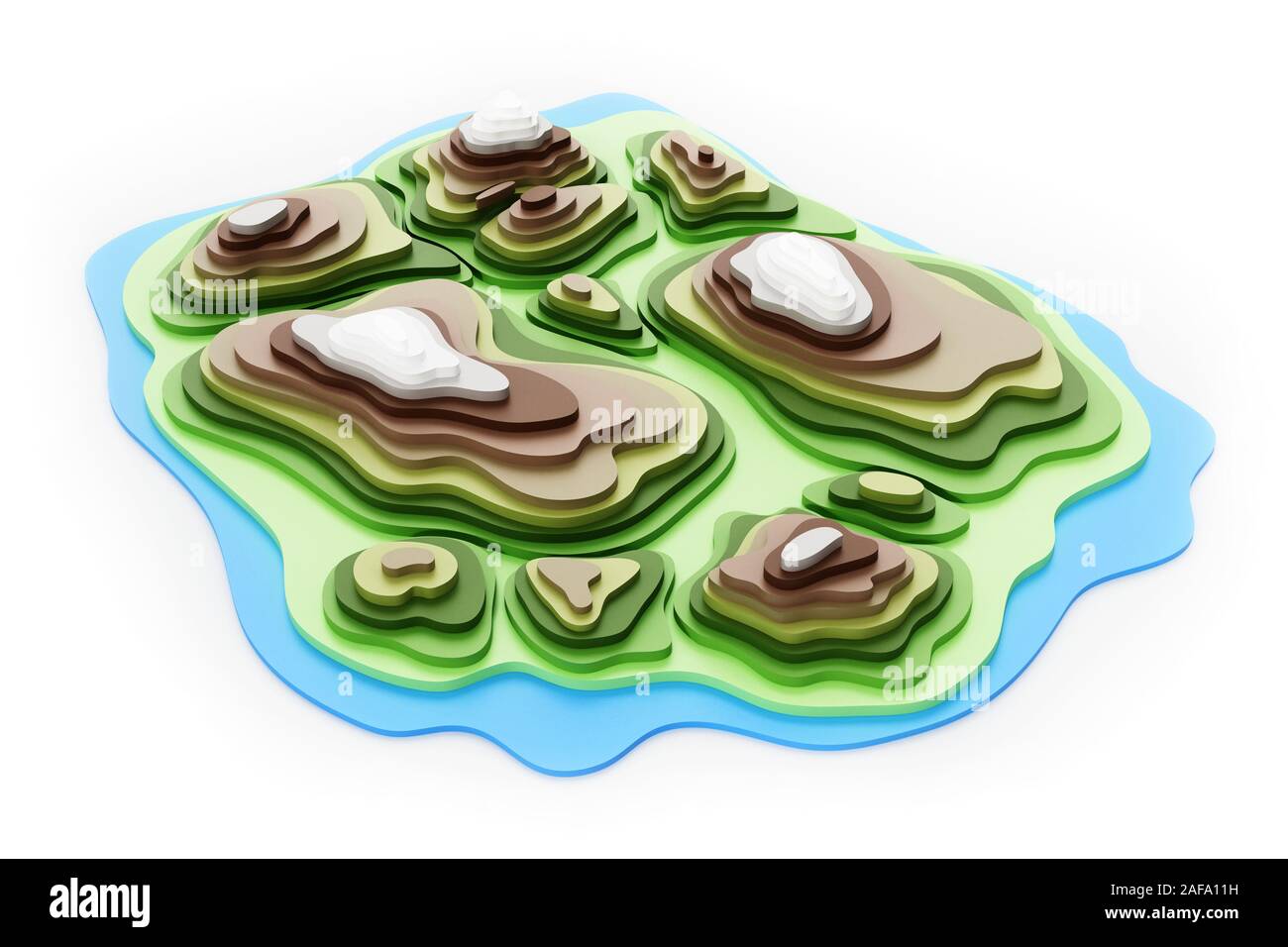 Carte montrant la topographie des vallées et montagnes. 3D illustration. Banque D'Images