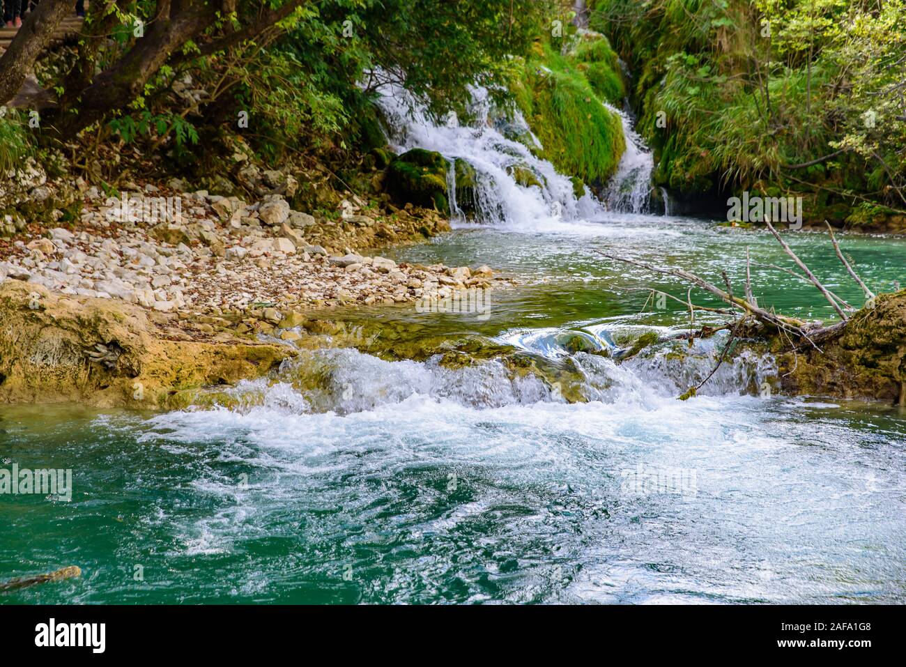 Cascades / chutes d'eau dans le parc national des Lacs de Plitvice (Plitvice), un parc national en Croatie Banque D'Images