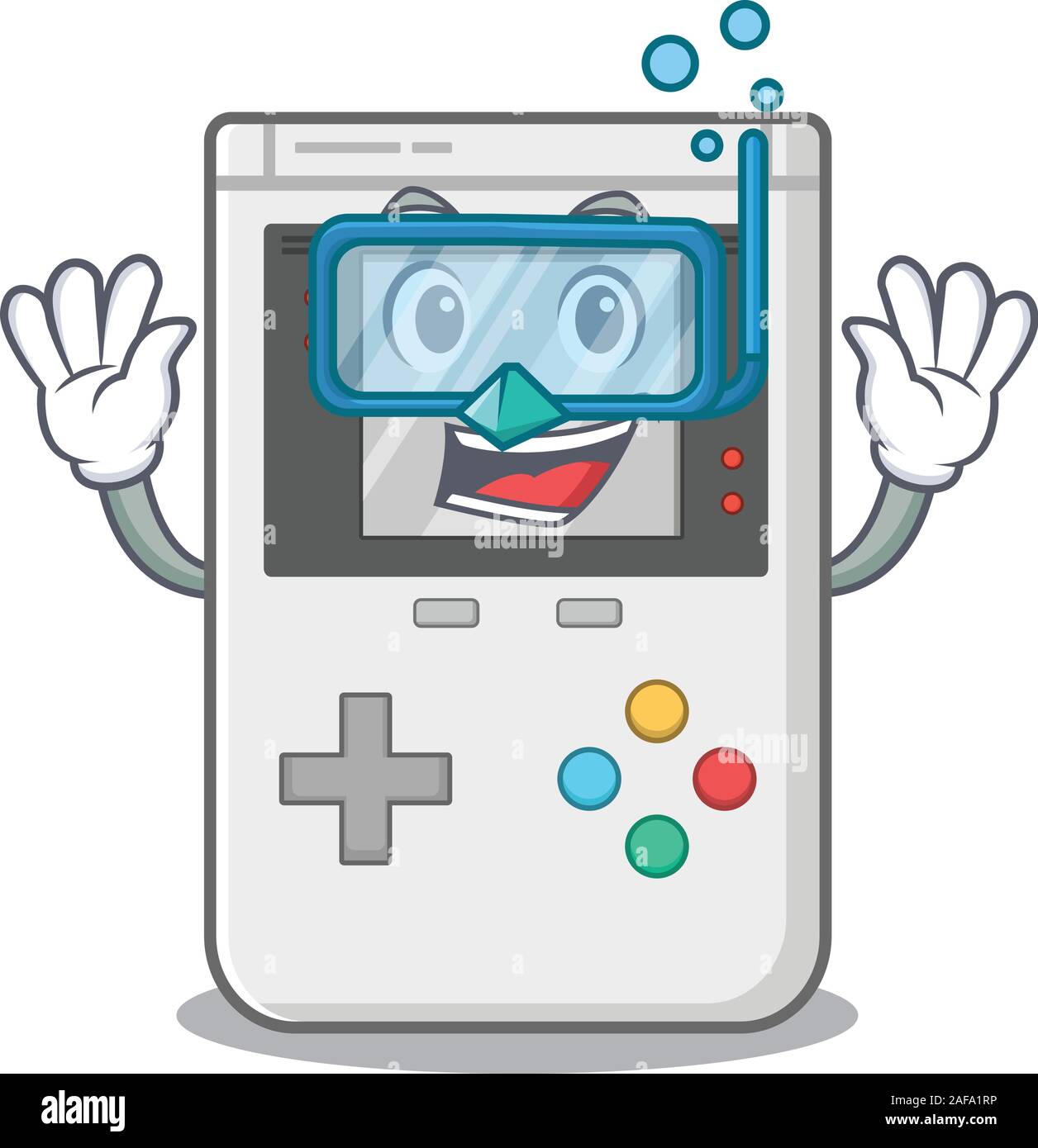 Cartoon Mascot avec jeu de poche portant des lunettes de plongée de défilement Illustration de Vecteur