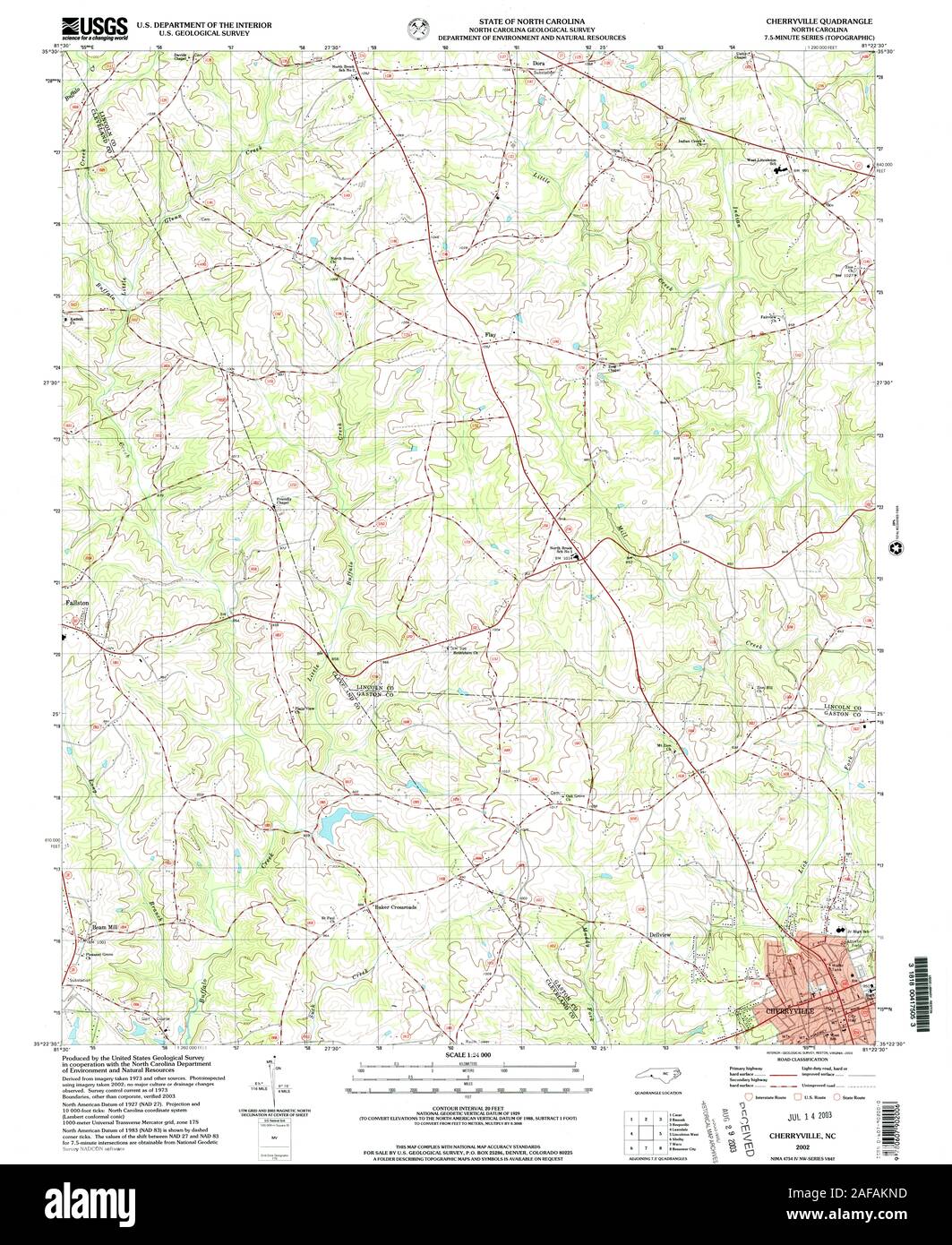 Carte TOPO USGS Caroline du NC Cherryville 1610902002 Restauration 24000 Banque D'Images