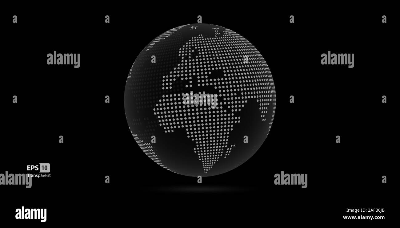 3D de vecteur en pointillé avec Globes cartes du monde noir. La planète Terre Collection avec Continents, l'Europe et l'Afrique Illustration de Vecteur