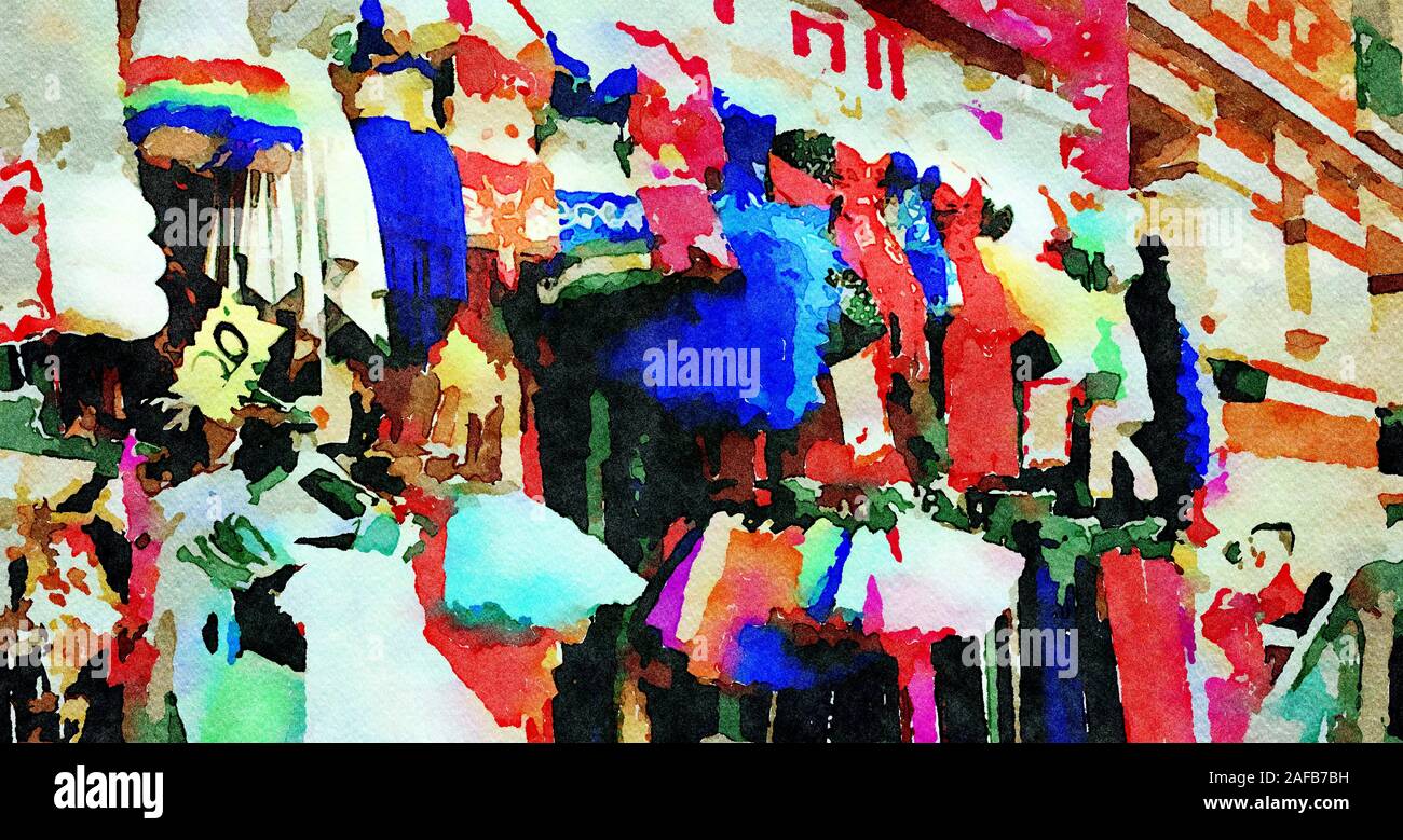 Des tissus colorés et des vêtements à vendre dans le quartier de Montmartre à Paris à l'automne Banque D'Images