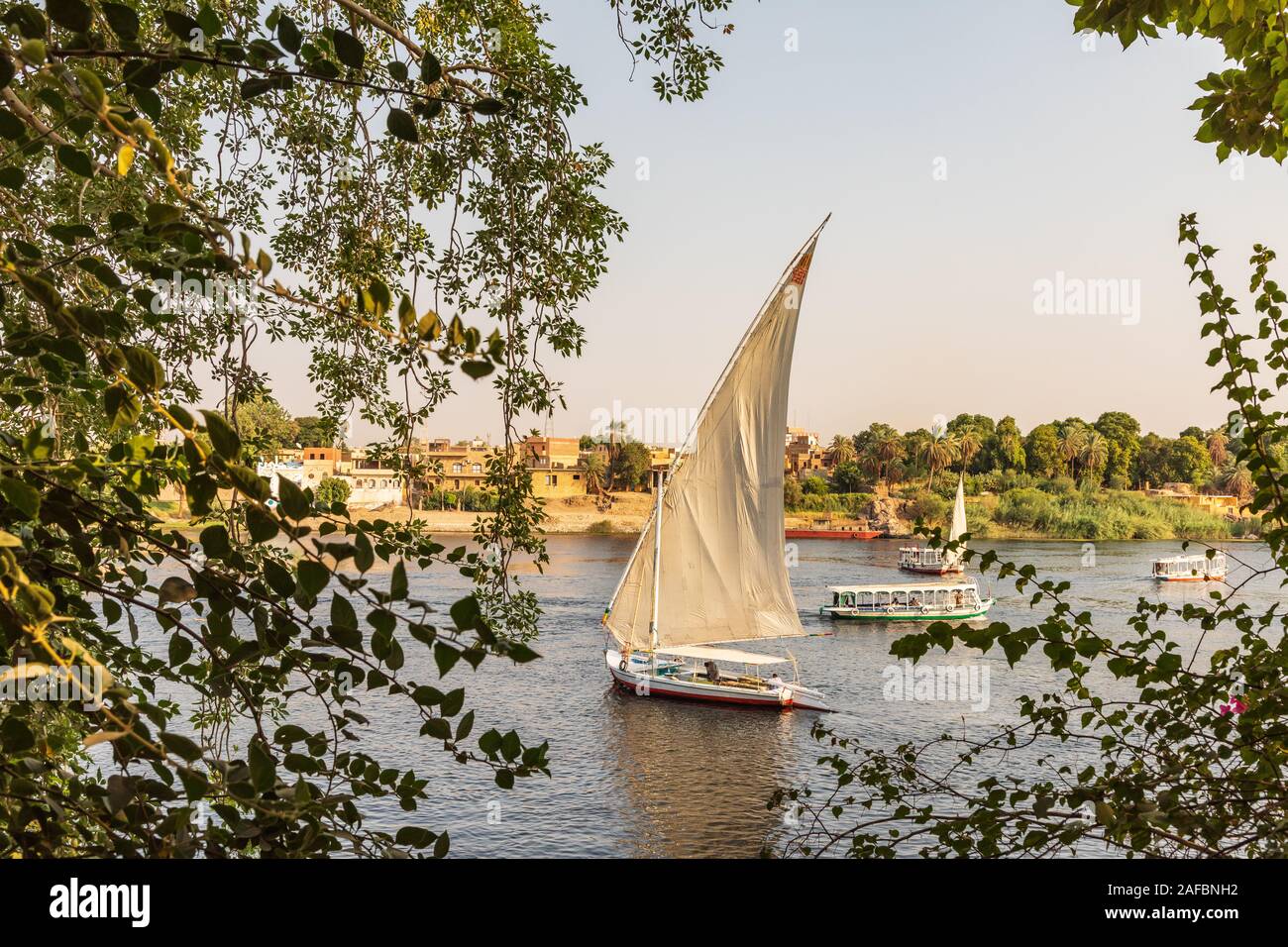L'Afrique, l'Égypte, Assouan. Le 20 septembre 2018. Une felouque, un bateau à voile traditionnel en bois, sur le Nil. Banque D'Images