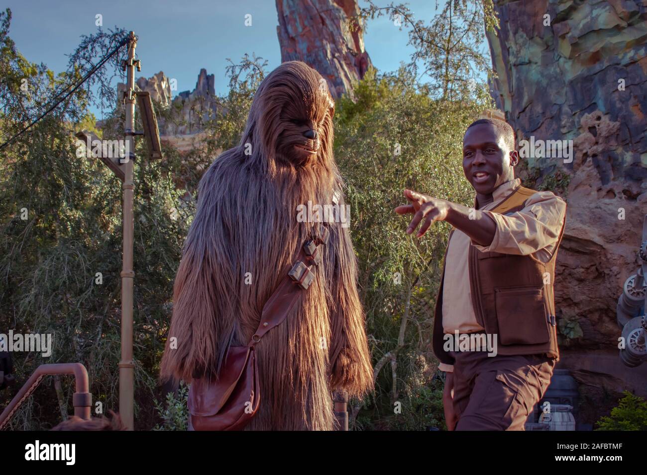 Orlando, Floride. Le 27 novembre 2019 et le caractère Chewbacca dans Star Wars Galaxys Edge à Hollywood Studios Banque D'Images