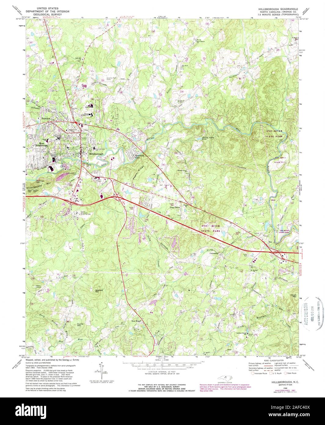 Caroline du Nord carte TOPO USGS Hillsborough NC 1621871968 Restauration 24000 Banque D'Images