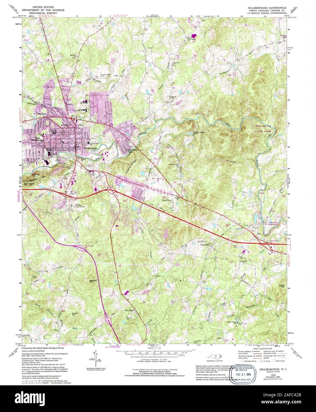 Caroline du Nord carte TOPO USGS Hillsborough NC 1621881968 Restauration 24000 Banque D'Images