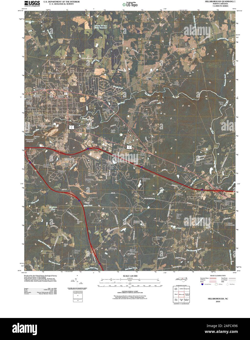 Caroline du Nord carte TOPO USGS Hillsborough NC 20100916 Restauration TM Banque D'Images