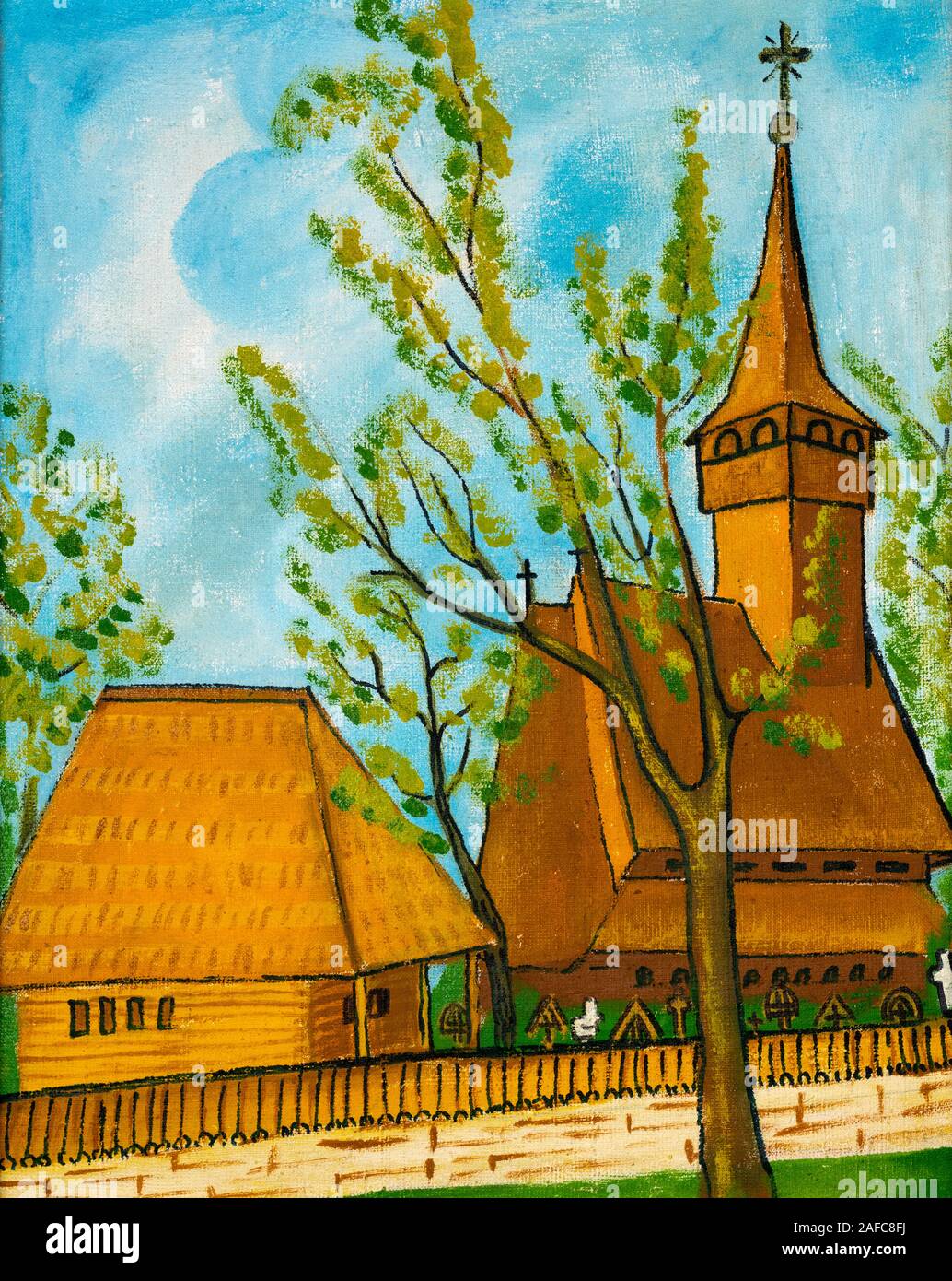 Une naïve peinture à l'huile sur toile représentant l'église en bois d'Ieud Maramures, région de Roumanie. Banque D'Images