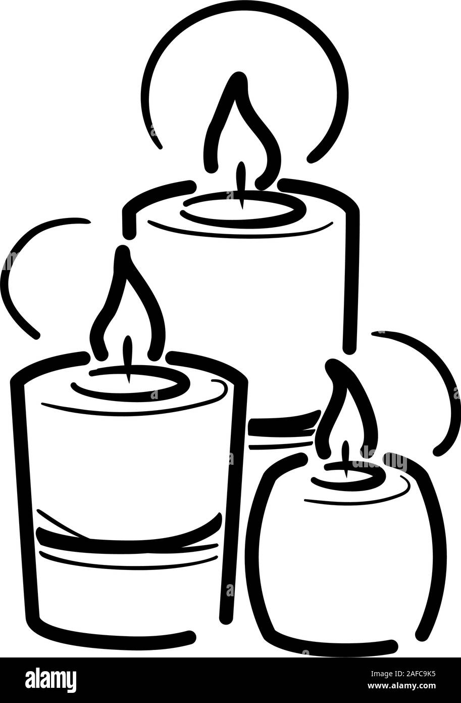 Trois bougies ligne spa pour les médias sociaux web design. Maison de vacances détente célébration cartoon concept. Soins de santé vecteur aromatique sur pictogramme blanc isolé. Méditation sur l'icône feu logo décoration. Illustration de Vecteur