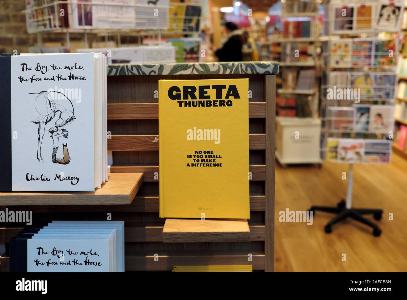 Greta Thunberg livre Personne n'est trop petit pour faire une différence en vente sur une étagère dans une librairie à Londres Angleterre Royaume-uni KATHY DEWITT Banque D'Images