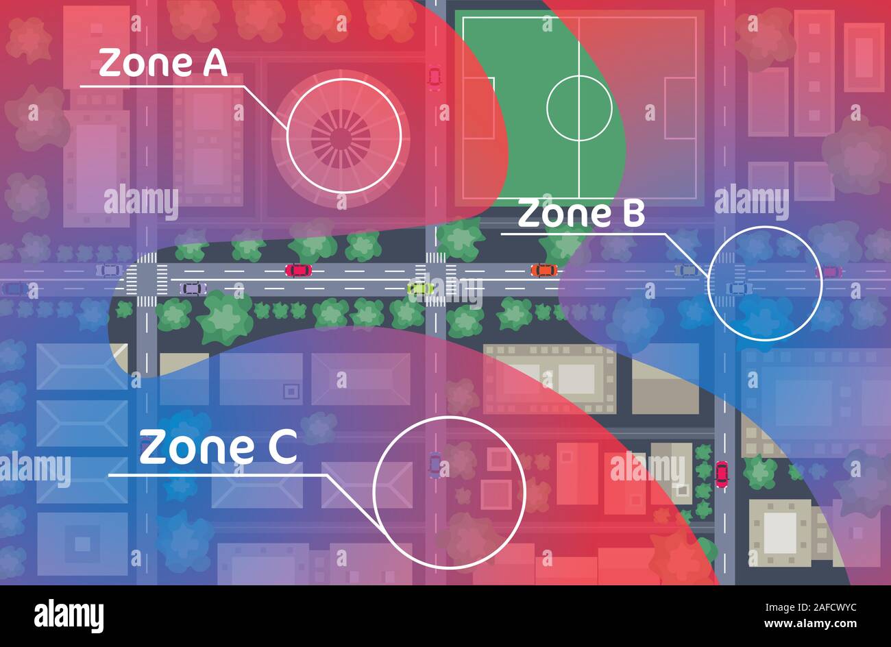 Voitures road 5g internet concept plan de ville avec les rues et bâtiments dans différentes zones de l'angle horizontal haut vue vector illustration Illustration de Vecteur
