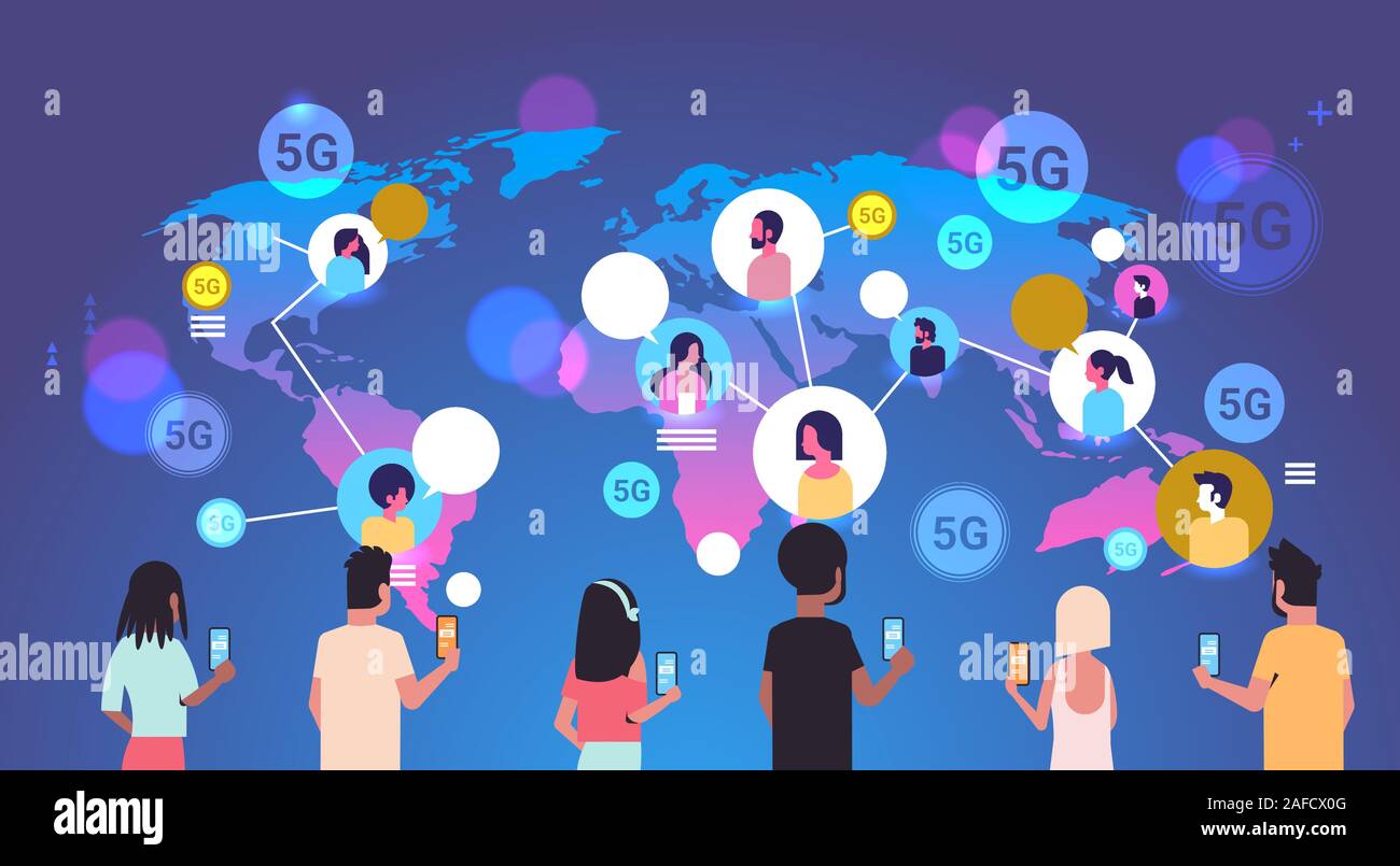 Les personnes qui utilisent les téléphones intelligents 5G sans fil de connexion en ligne Système mondial de communication concept mix race hommes femmes bavardant world map background vector illustration horizontale portrait Illustration de Vecteur