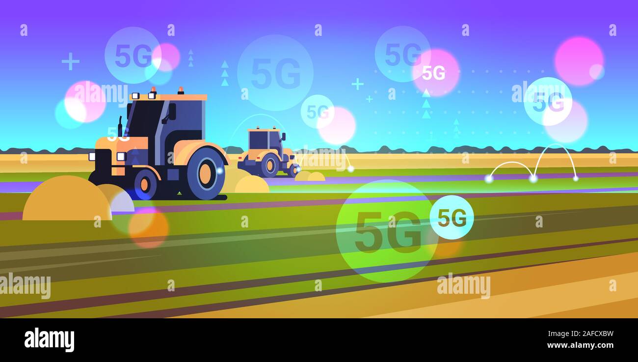 Le tracteur laboure la terre 5G sans fil de connexion en ligne Système de machinerie lourde travaillant dans le secteur de l'agriculture intelligente paysage concept contexte plate horizontale vector illustration Illustration de Vecteur