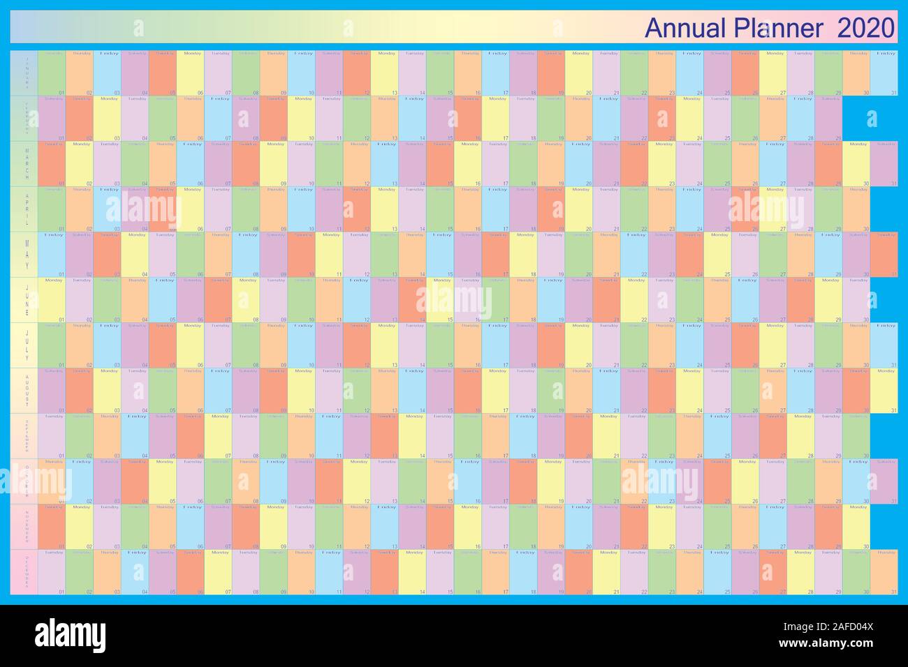 Planificateur annuel 2020 sur bleu avec des couleurs spécifiques pour chaque jour de la semaine des lettres noires avec contour blanc Illustration de Vecteur