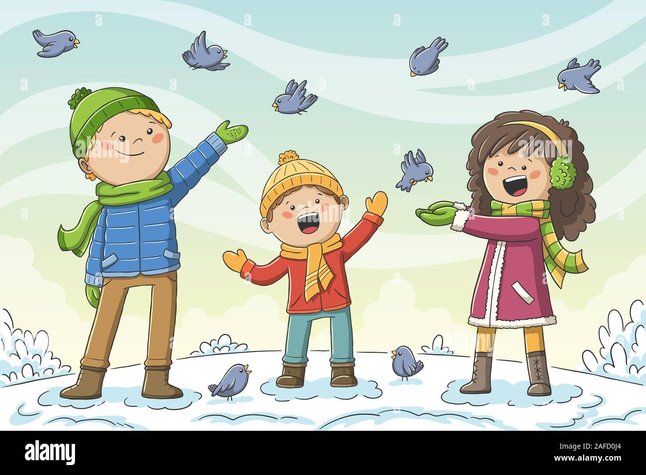 Les jeunes oiseaux rss en hiver. Hand drawn vector illustration avec des calques distincts. Illustration de Vecteur