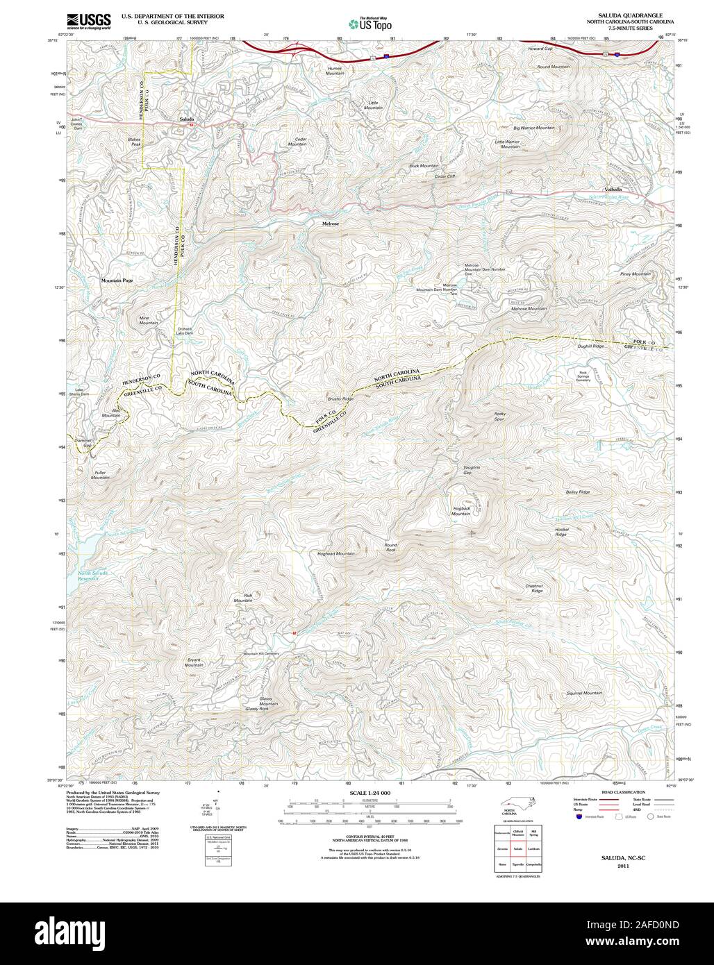 Carte TOPO USGS Caroline du NC Saluda 20110804 Restauration TM Banque D'Images
