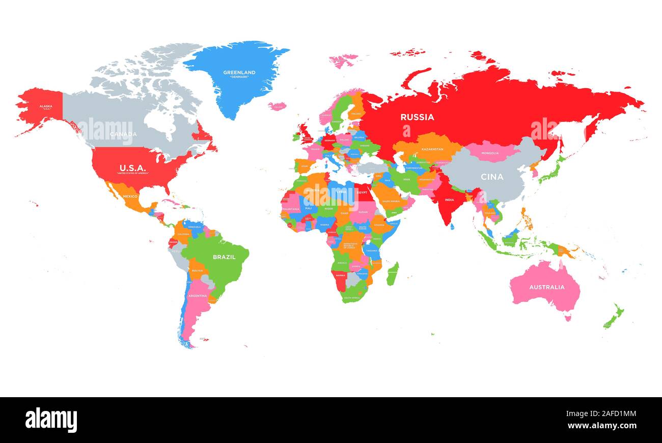 Hi coloré vecteur détaillée carte du monde avec tous les noms de pays. 250-504, modèle de carte de profil de site web, rapport annuel, l'infographie. Illustration de Vecteur