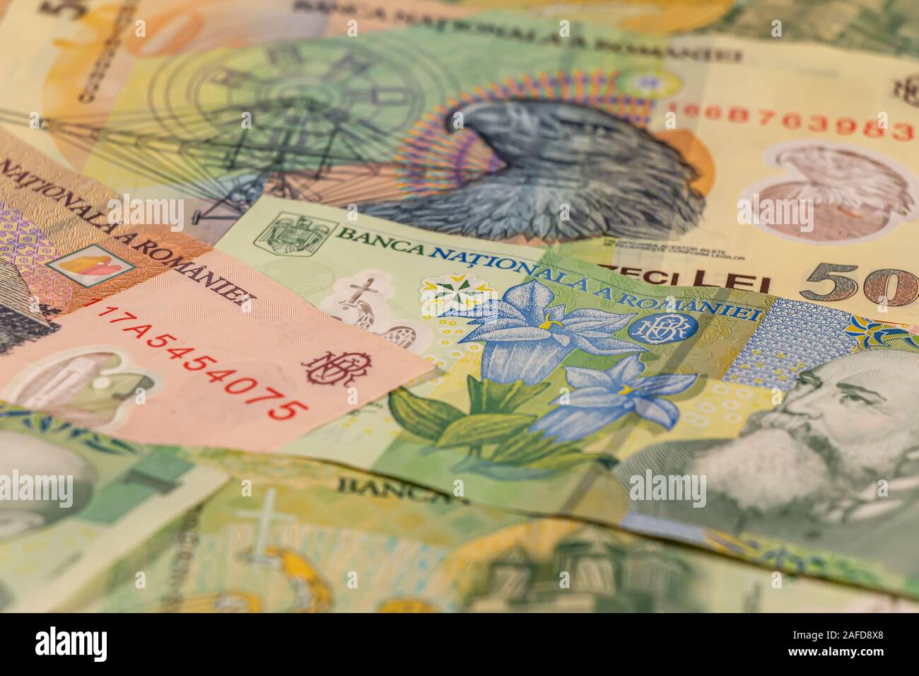 Une composition de leu roumain billets qui dispose de bonnes options à utiliser pour illustrer des sujets comme les entreprises, banques, médias, présentations, etc. Banque D'Images