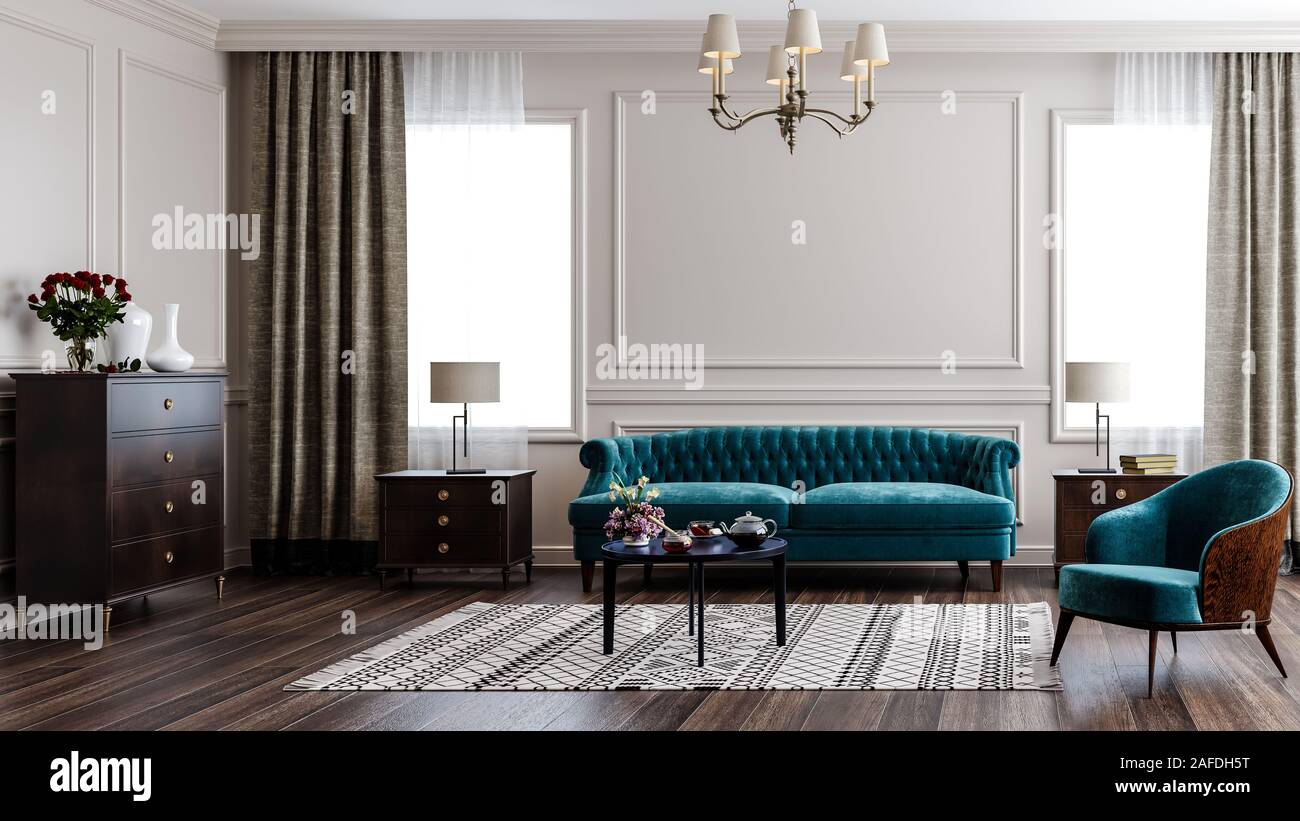 Design intérieur moderne d'un salon dans un appartement, maison, bureau, canapé bleu, des fleurs fraîches et des détails d'un intérieur classique et blanc wa Banque D'Images
