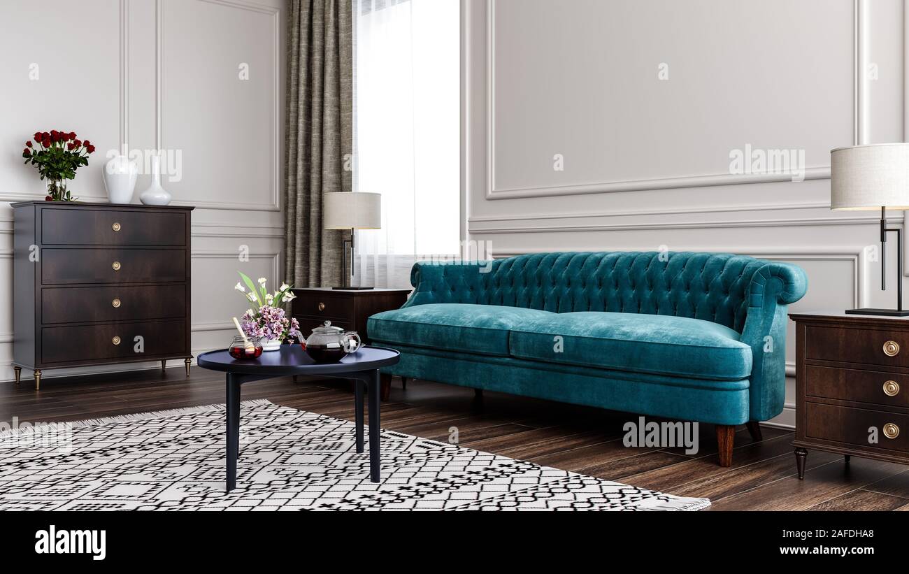 Design intérieur moderne d'un salon dans un appartement, maison, bureau, canapé bleu, des fleurs fraîches et des détails d'un intérieur classique et blanc wa Banque D'Images