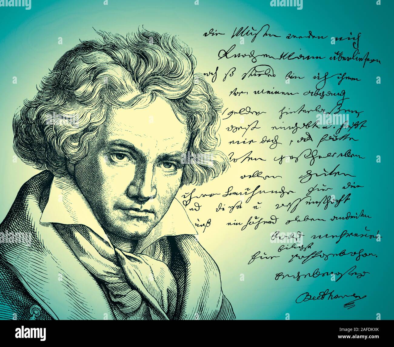 Lettre écrite par Beethoven à son éditeur Schott, Ludwig van Beethoven, compositeur allemand, 1770 -1827 Banque D'Images