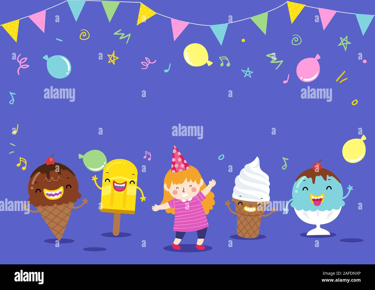 Illustration des mascottes de la crème glacée avec un enfant fille dans une glace Social Banque D'Images