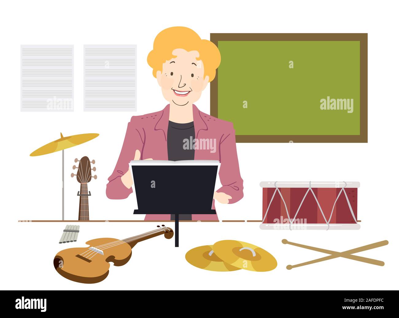 Illustration d'une fille Professeur de musique avec de la musique sur le stand de feuille avec différents instruments de musique et tableau noir Banque D'Images