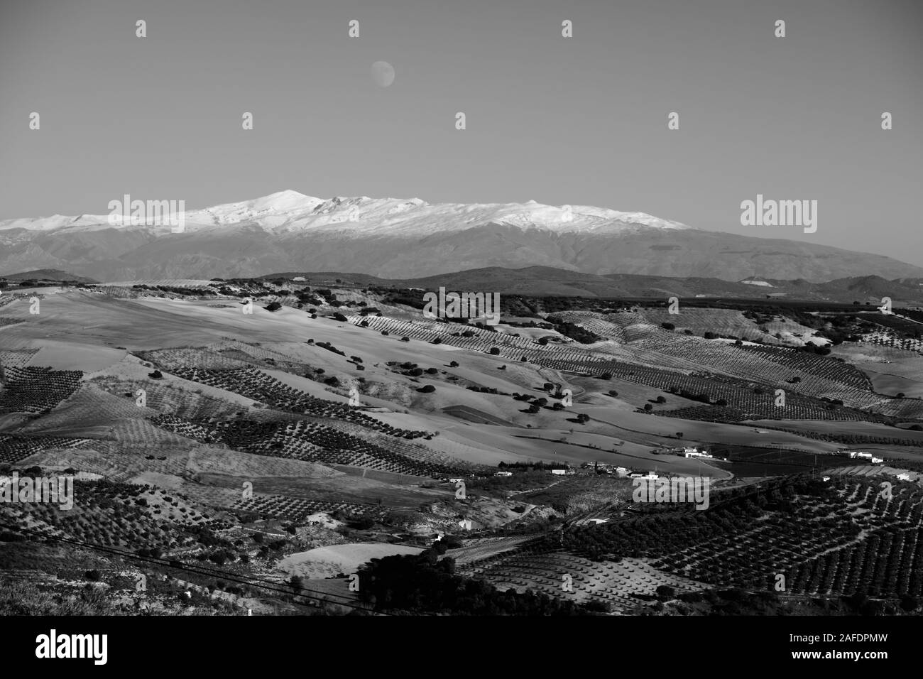 Le noir et blanc lever de la Sierra Nevada en Andalousie, Espagne Banque D'Images