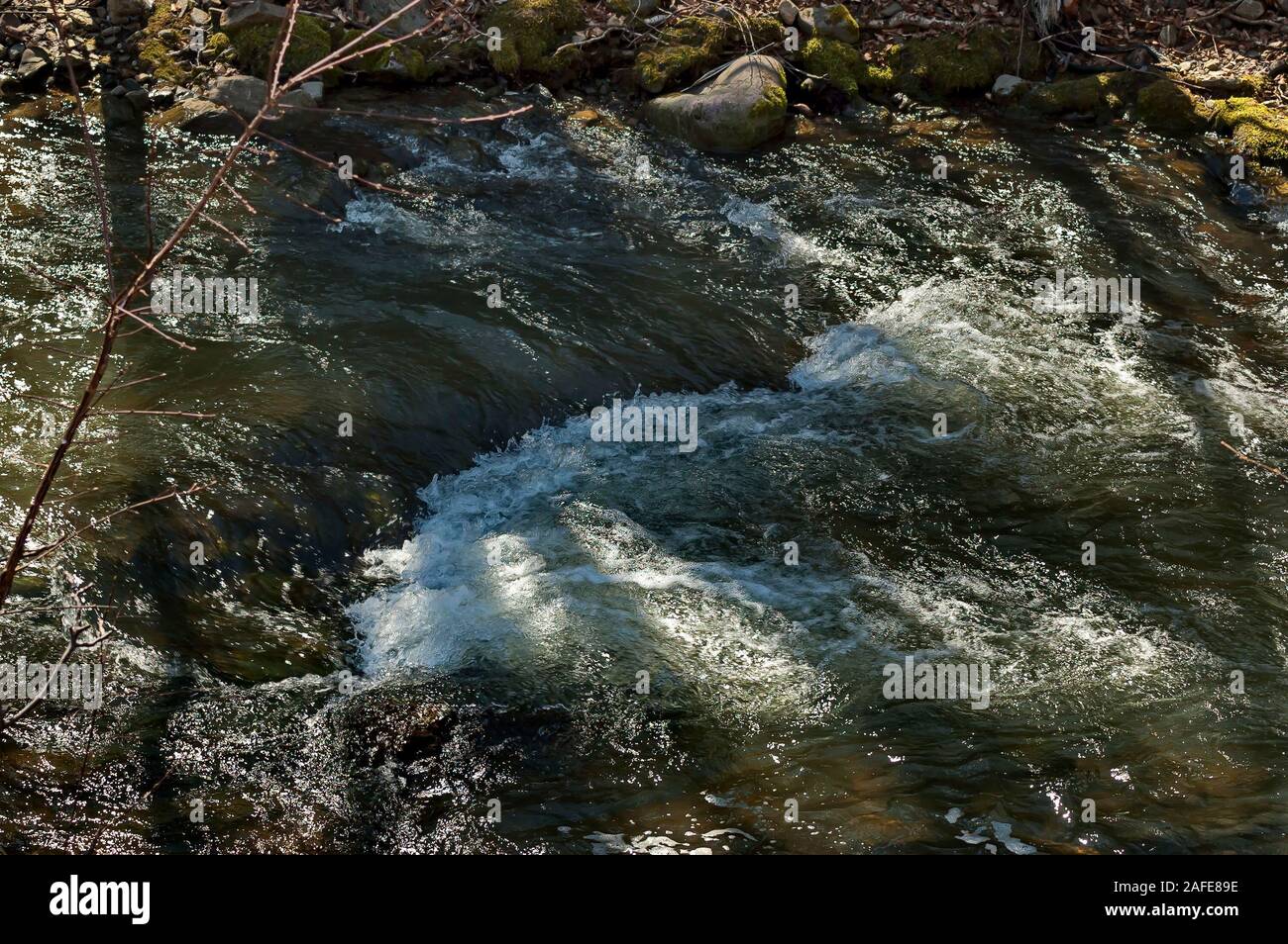 Un paysage magnifique avec vue rivière coulant à gros cailloux et pierres, la ville de Teteven, Bulgarie, Europe Banque D'Images