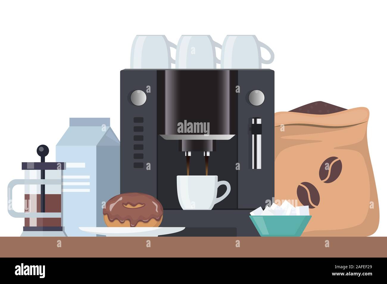 Coffee time concept illustration. Le petit déjeuner avec café et gâteau. Machine à café, tasse, gâteau, lait, sucre. Composition vecteur pour bannière et prin Illustration de Vecteur