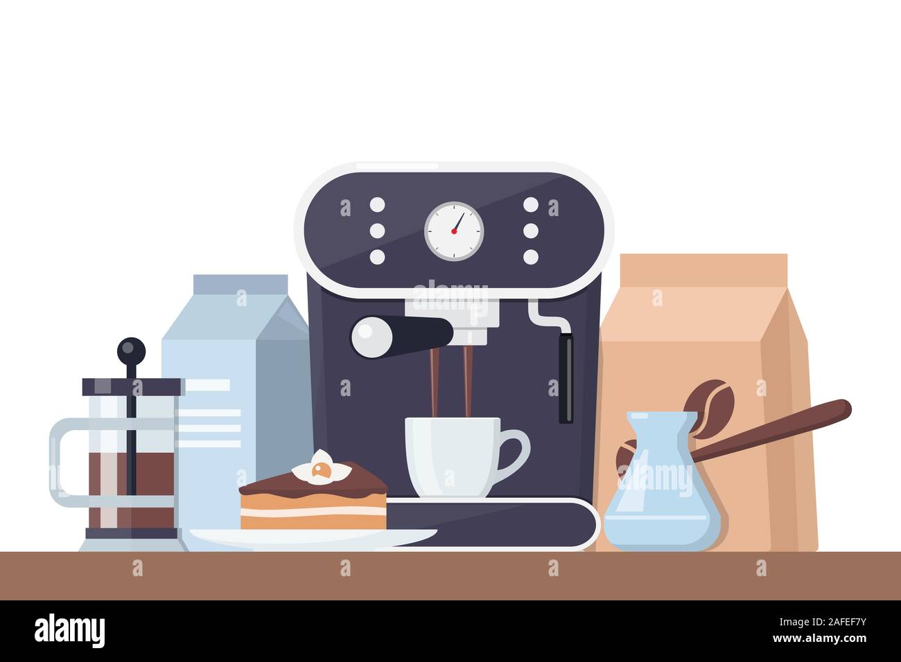 Coffee time concept illustration. Le petit déjeuner avec café et gâteau. Machine à café, tasse, gâteau, lait, sucre. Composition vecteur pour bannière et prin Illustration de Vecteur