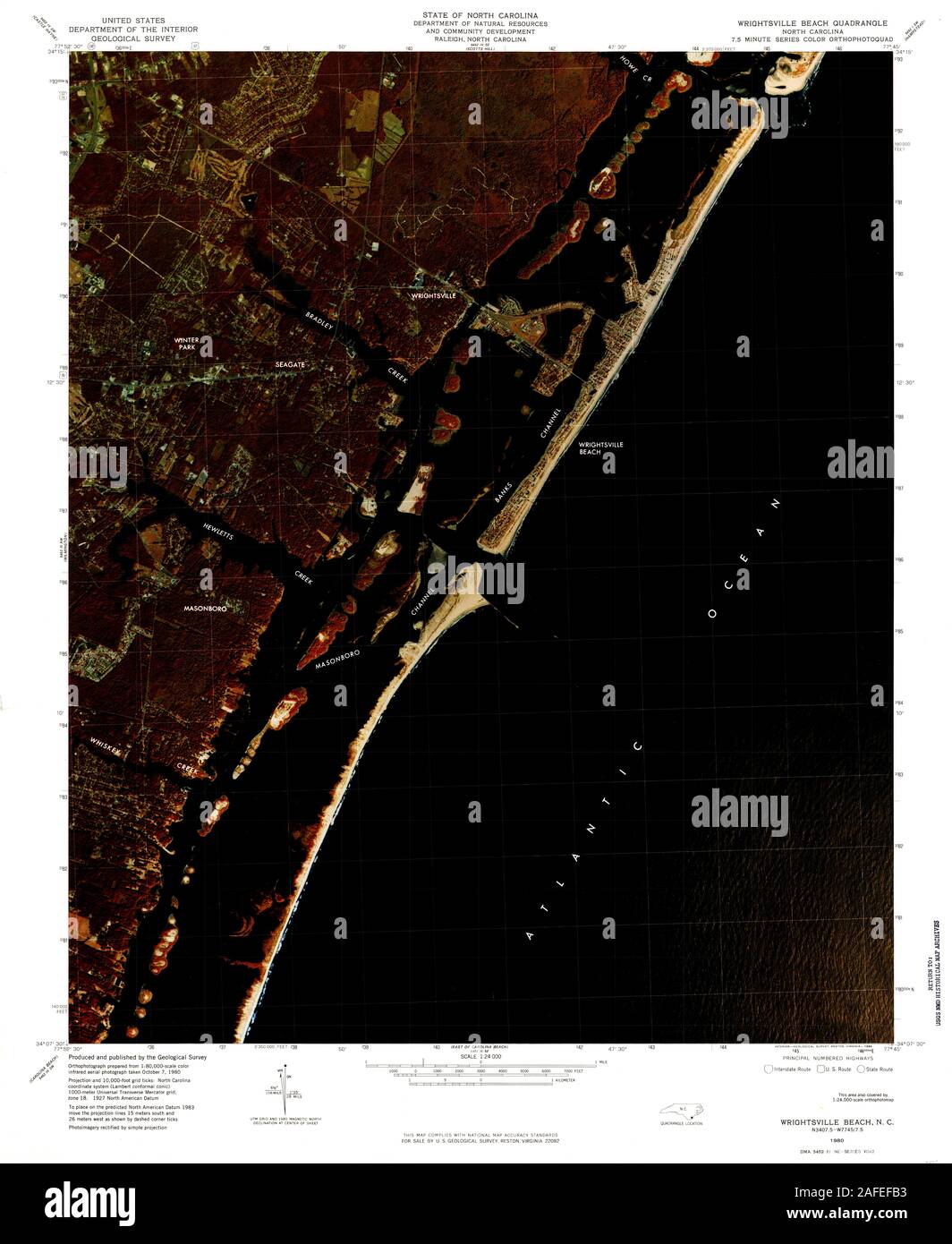 Caroline du Nord carte TOPO USGS Wrightsville Beach NC 1618261980 Restauration 24000 Banque D'Images