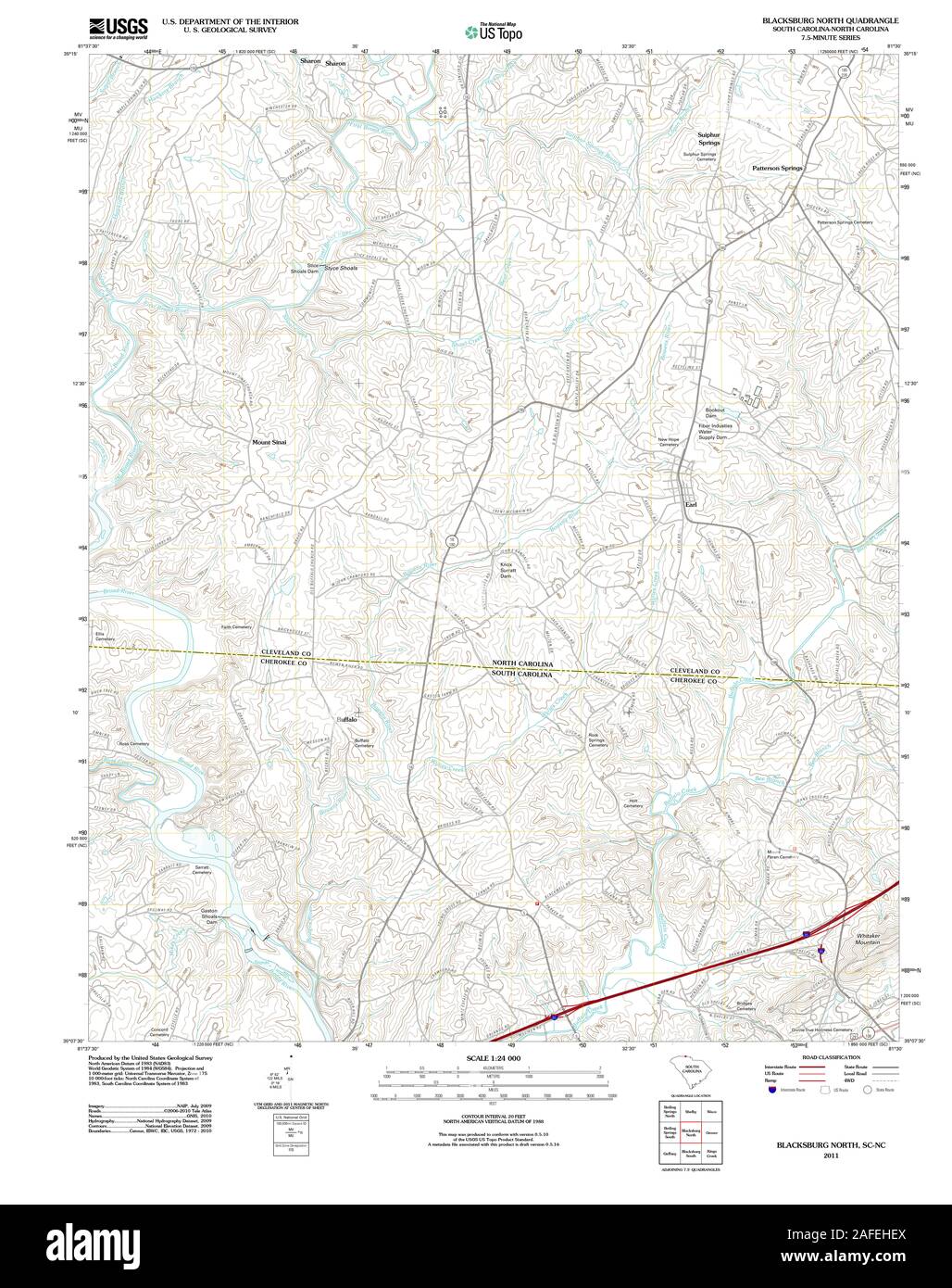 Carte TOPO USGS Caroline du Nord 20110823 SC Blacksburg Restauration TM Banque D'Images