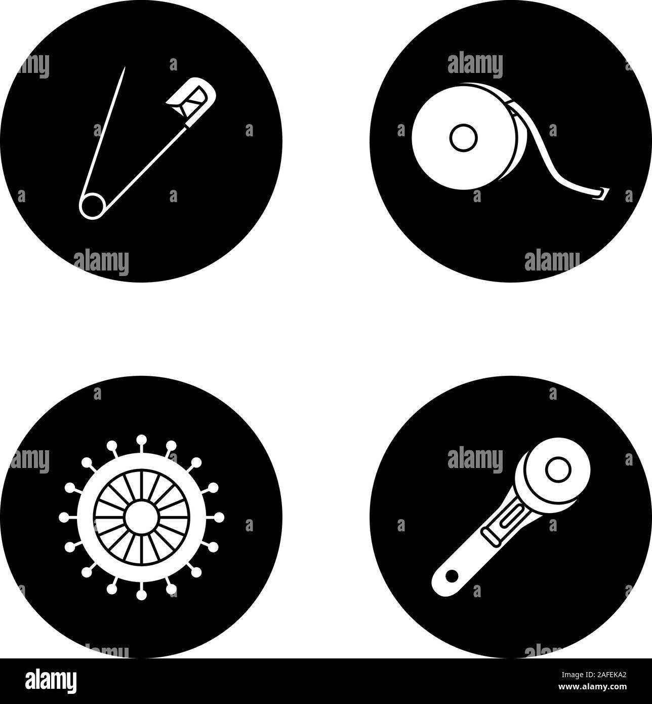 Glyphe de tailleur icons set. Sécurité et picots droits, ruban à mesurer, la faucheuse rotative. Vector silhouettes blanc illustrations de cercles noirs Illustration de Vecteur Glyphe de tailleur icons set. Sécurité et picots droits, ruban à mesurer, la faucheuse rotative. Vector silhouettes blanc illustrations de cercles noirs Illustration de Vecteur