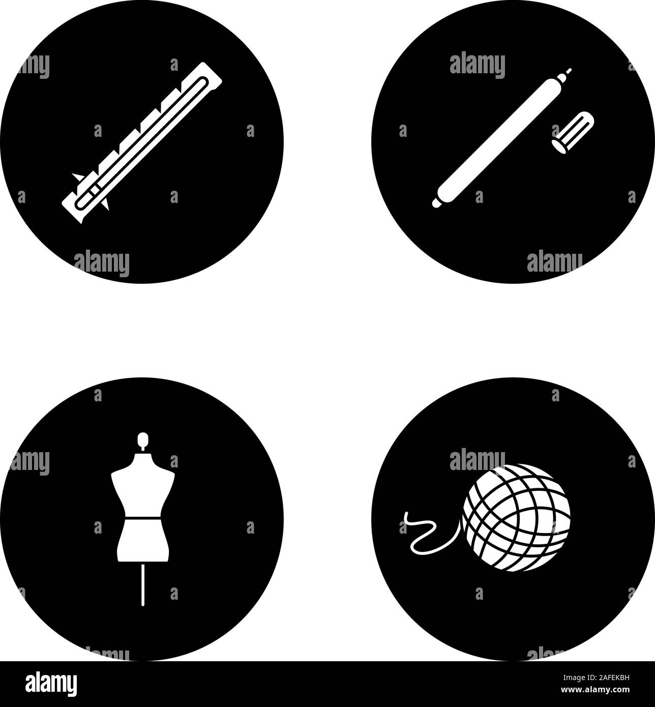 Glyphe de tailleur icons set. Jauge de couture, tissu, feutre, laine mannequin clew. Vector silhouettes blanc illustrations de cercles noirs Illustration de Vecteur