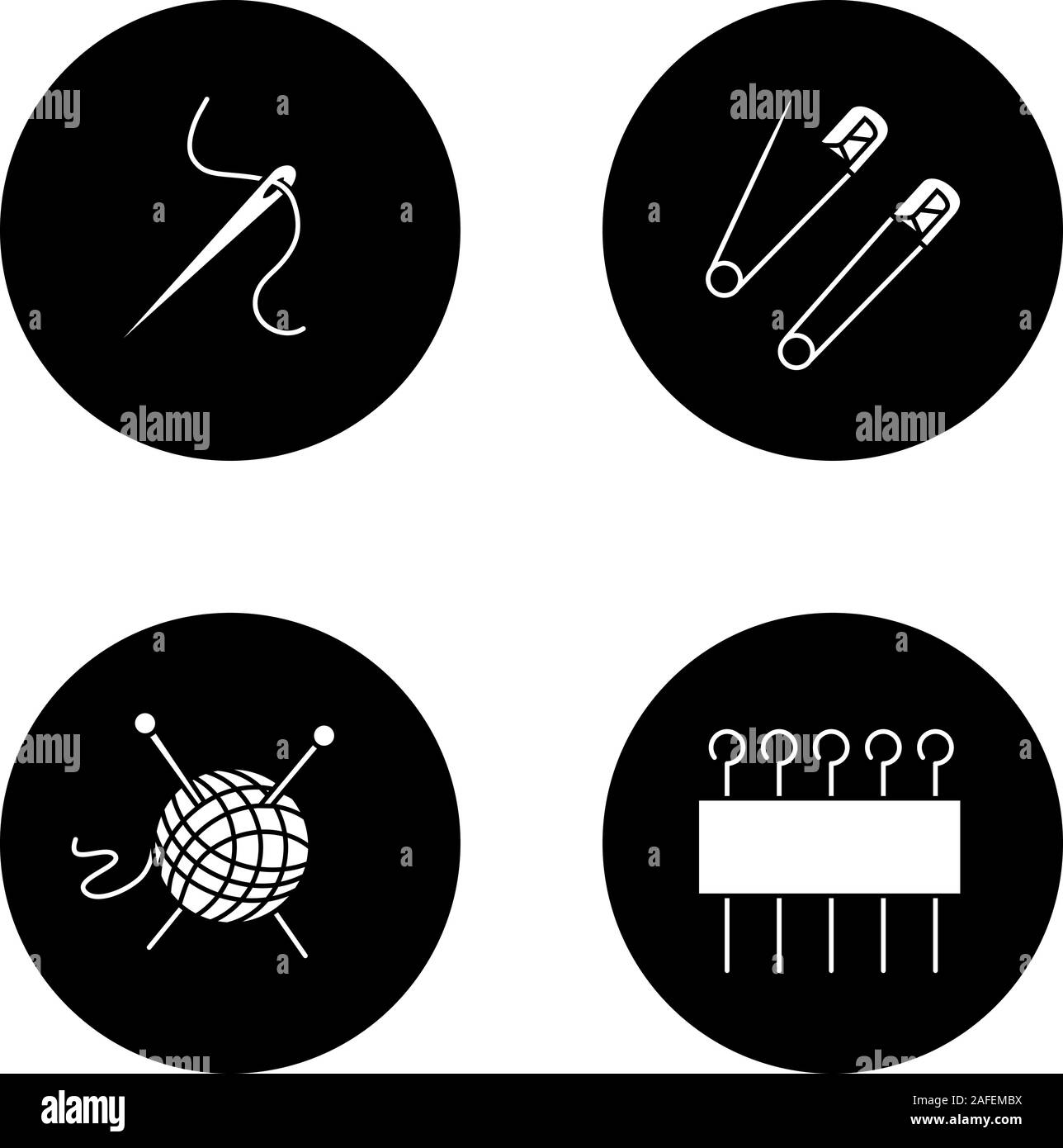 Glyphe de tailleur icons set. L'aiguille avec fil, la sécurité et les axes de l'œil, le tricot d'alimentation. Vector silhouettes blanc illustrations de cercles noirs Illustration de Vecteur Glyphe de tailleur icons set. L'aiguille avec fil, la sécurité et les axes de l'œil, le tricot d'alimentation. Vector silhouettes blanc illustrations de cercles noirs Illustration de Vecteur