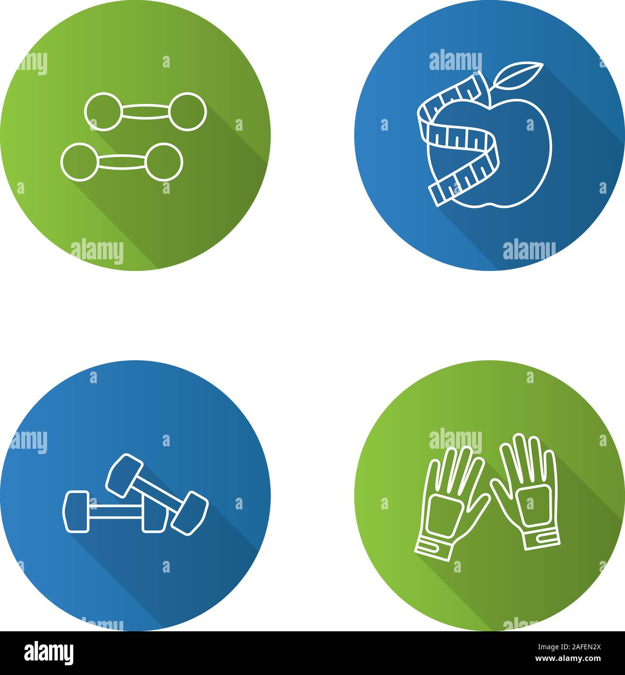 Linéaire long shadow Fitness icons set. Les appareils de sport. Gants de sport, haltères, apple avec ruban à mesurer. Contour Vector illustration Illustration de Vecteur