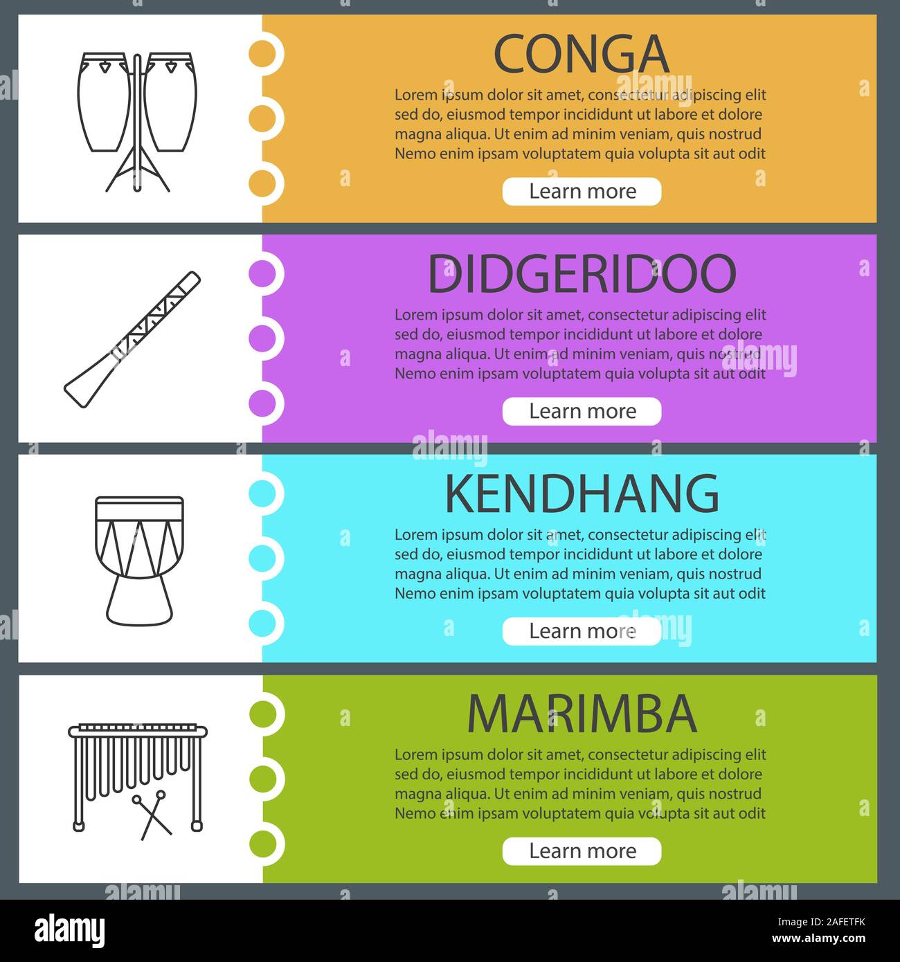 Modèles de page web instruments de musique ensemble. Conga, didgeridoo, kendhang, marimba. Couleur du site Menu avec icônes linéaire. En-têtes Vector design Illustration de Vecteur
