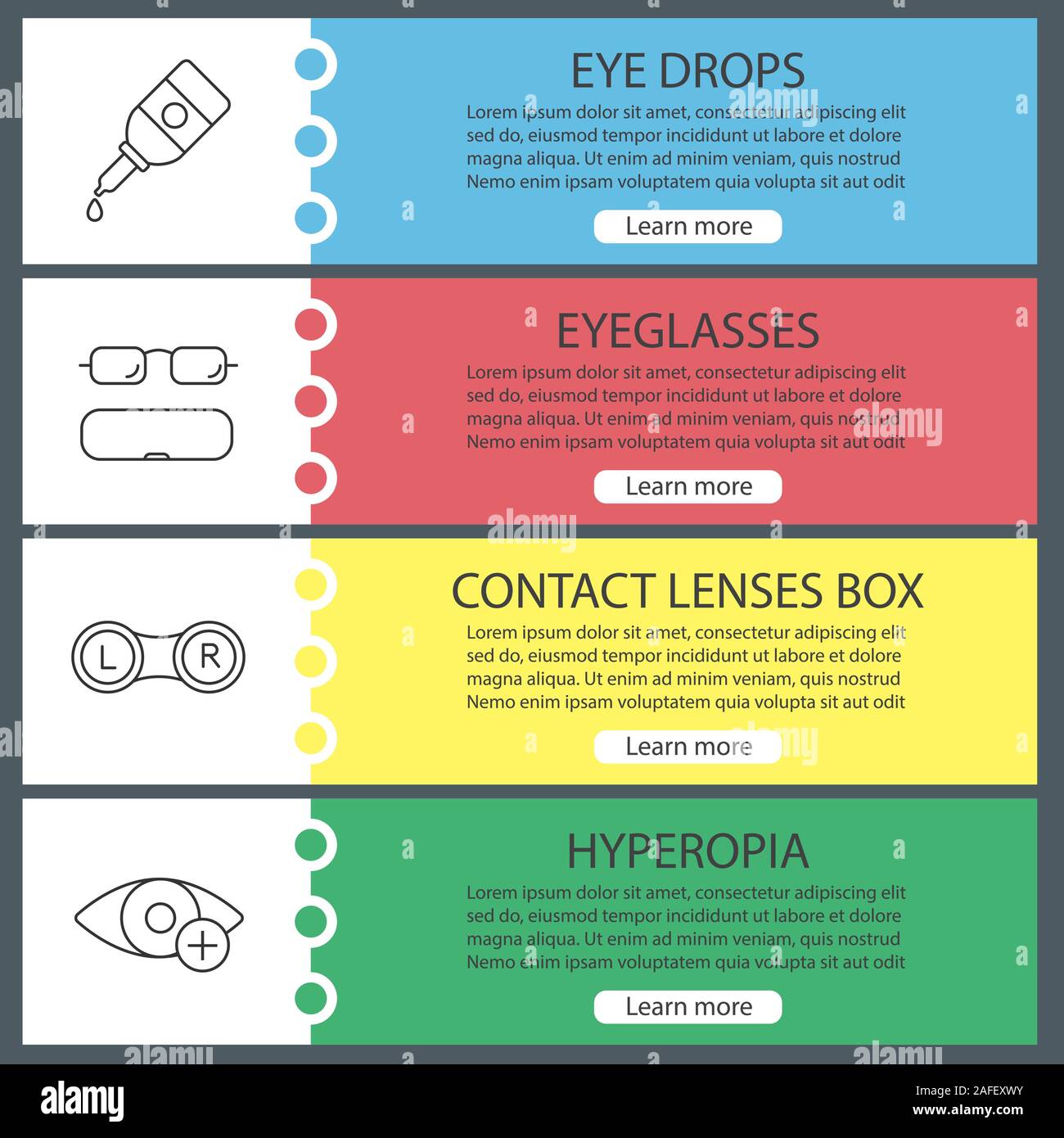 Modèles de page web d'ophtalmologie. Gouttes pour les yeux, lunettes,  lentilles de contact de cas fort, de l'hypermétropie. Couleur du site Menu  avec icônes linéaire. Vector Image Vectorielle Stock - Alamy
