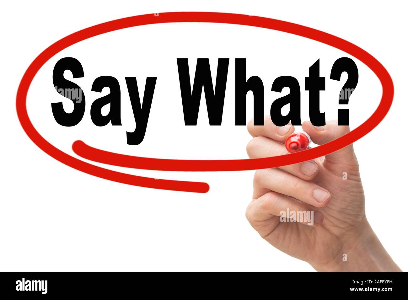 La main des hommes en écrivant les mots dire quoi ? Sur le tableau blanc, a souligné avec cercle rouge Banque D'Images