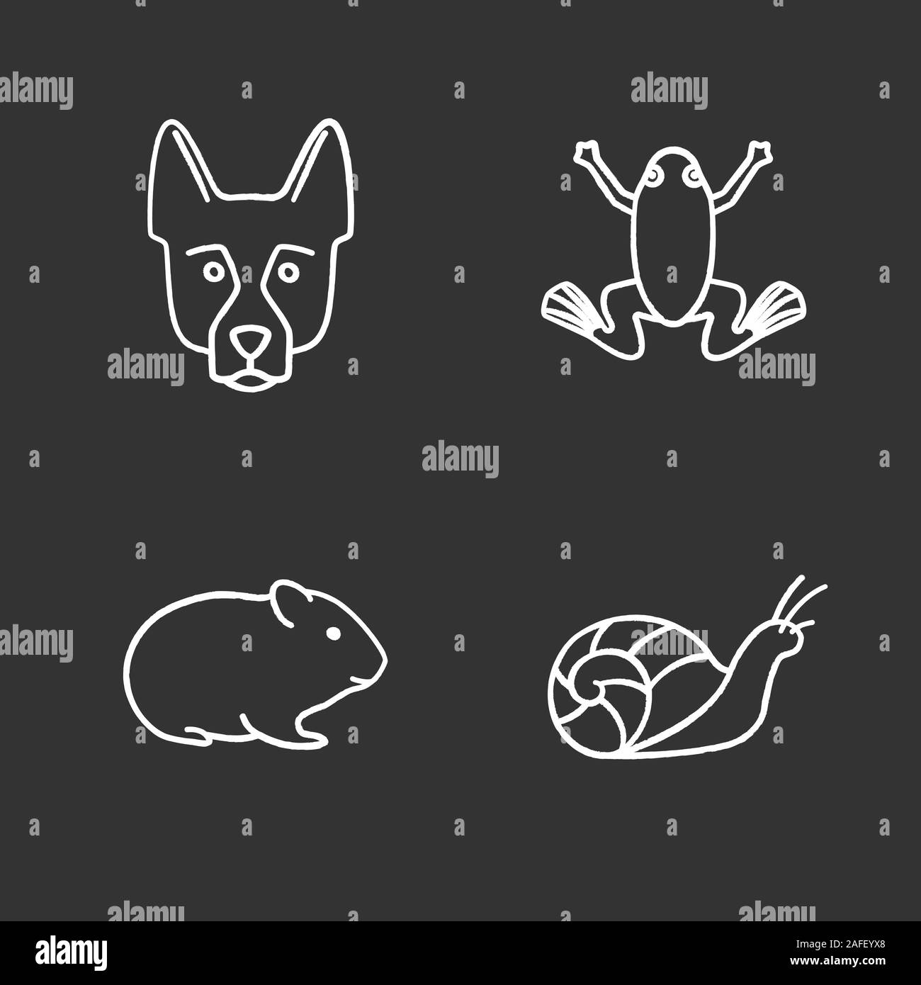 Chalk animaux icons set. Berger Allemand, grenouille, hamster, escargot. Illustrations vectorielles chalkboard Illustration de Vecteur