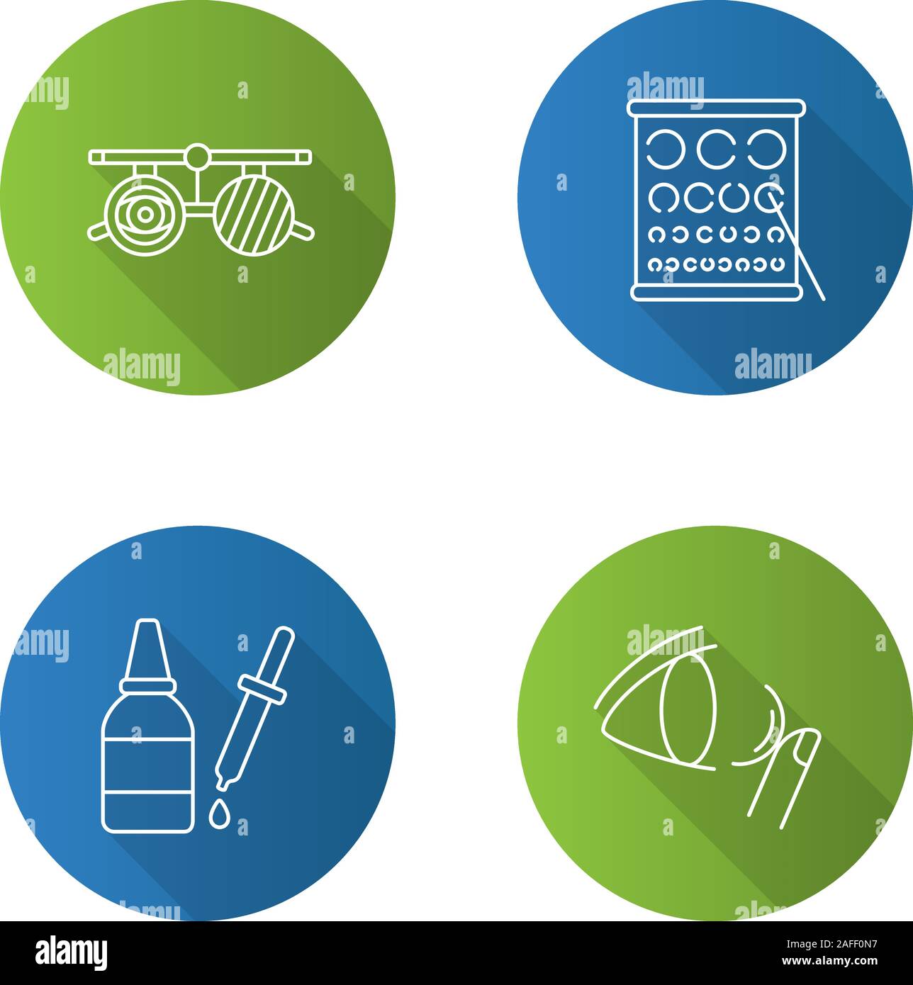 Ophtalmologie télévision long shadow linéaire icons set. Lunettes, examen graphique Landolt, collyres et compte-gouttes, lentille de contact. Contour Vector illustration Illustration de Vecteur